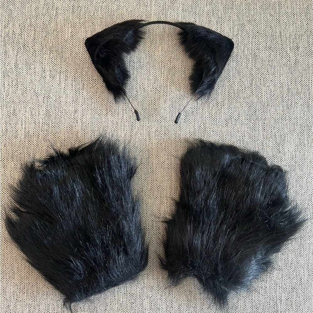 All Black Cat ears headband and cat paws costume bundle